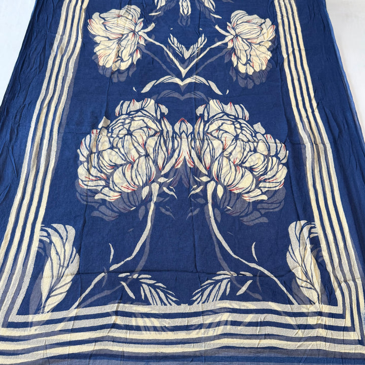 Indigo Blue Printed Cotton Knot Unstitched Suit Set with Mirror Work