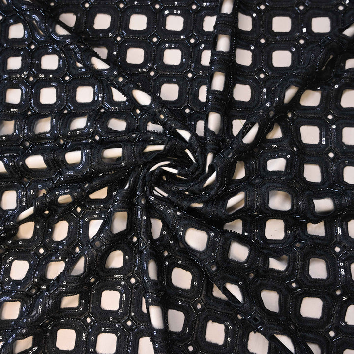 Black Geometric Net Cutwork with Cutdana & Sequins Embroidery