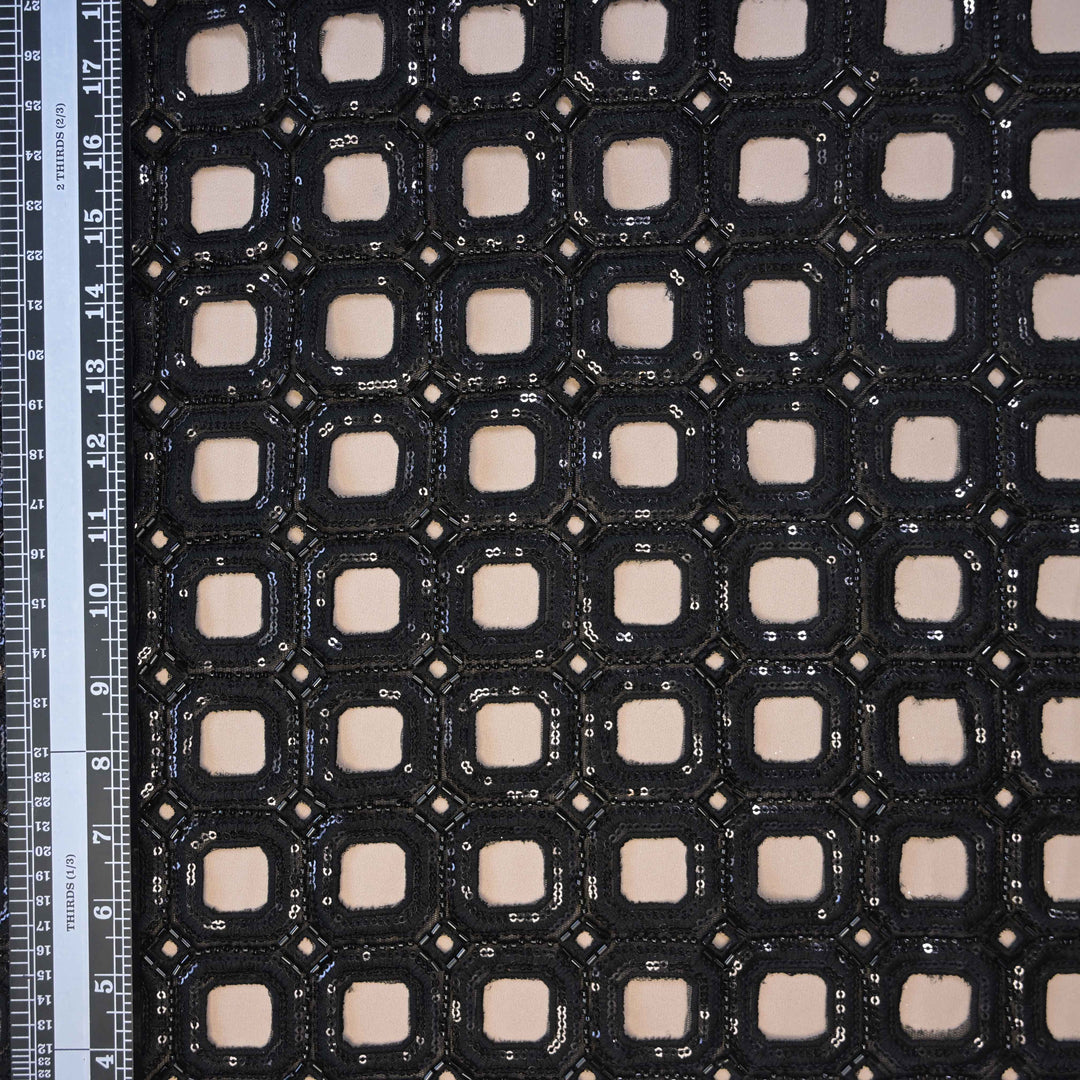 Black Geometric Net Cutwork with Cutdana & Sequins Embroidery