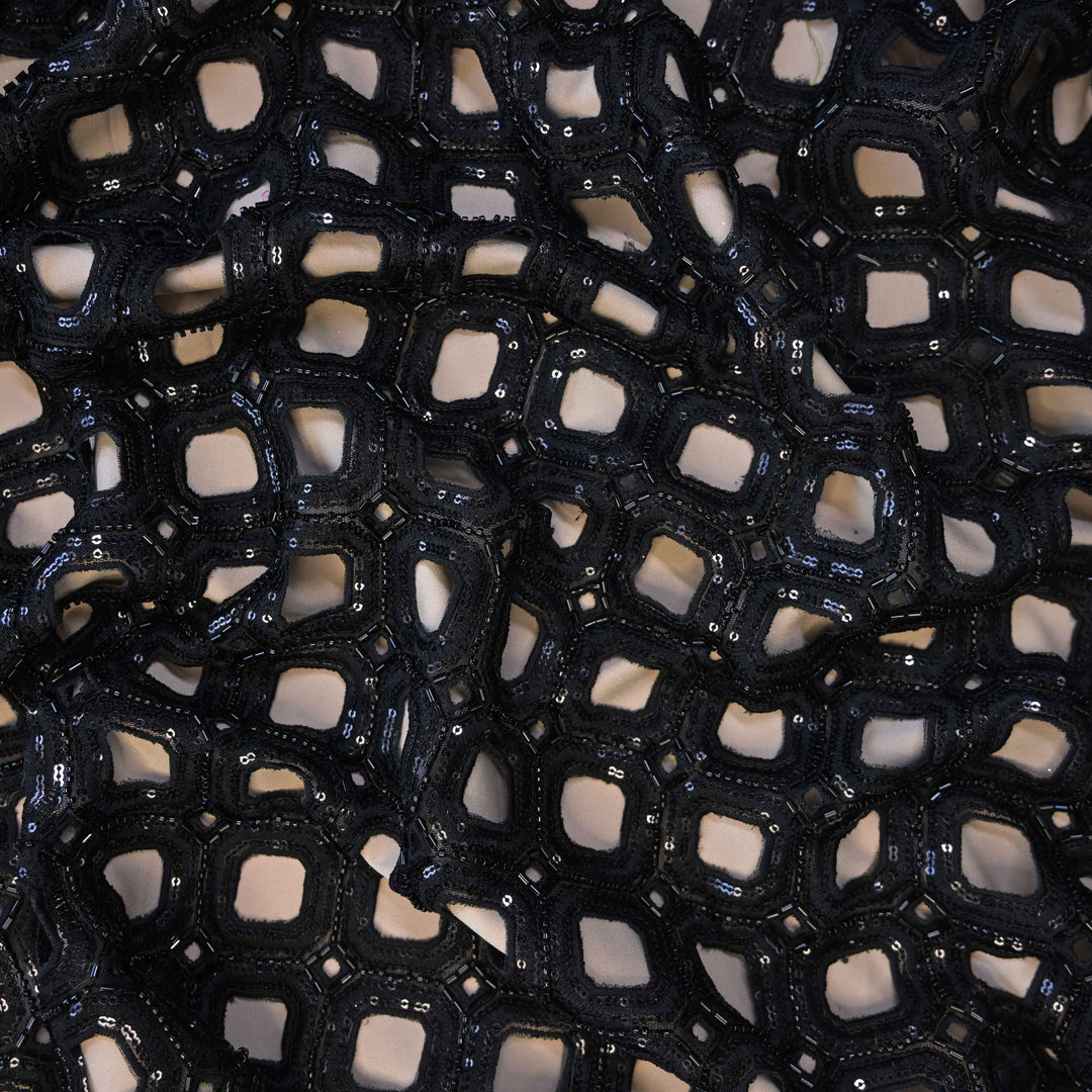 Black Geometric Net Cutwork with Cutdana & Sequins Embroidery