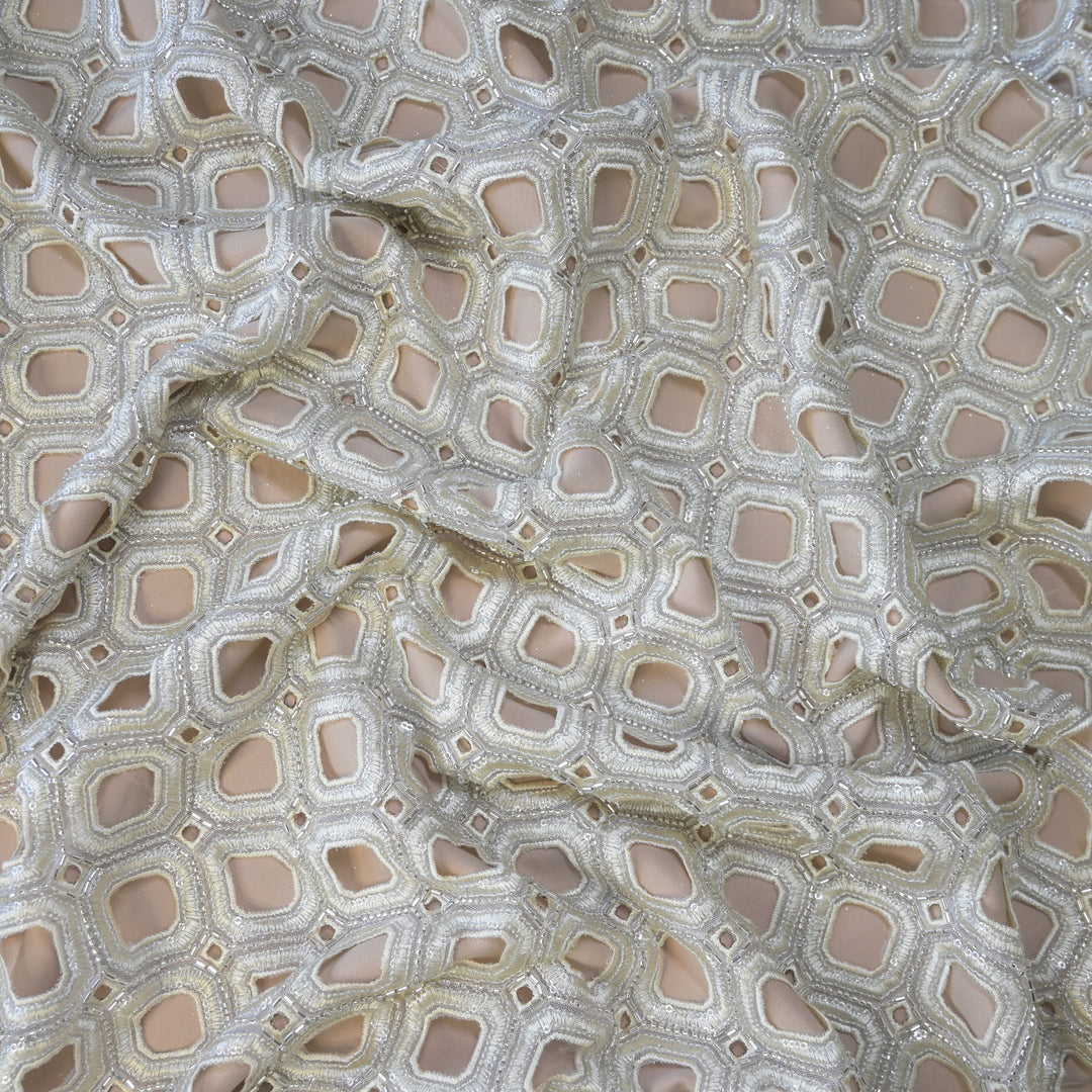 Ivory Geometric Net Cutwork with Cutdana & Sequins Embroidery