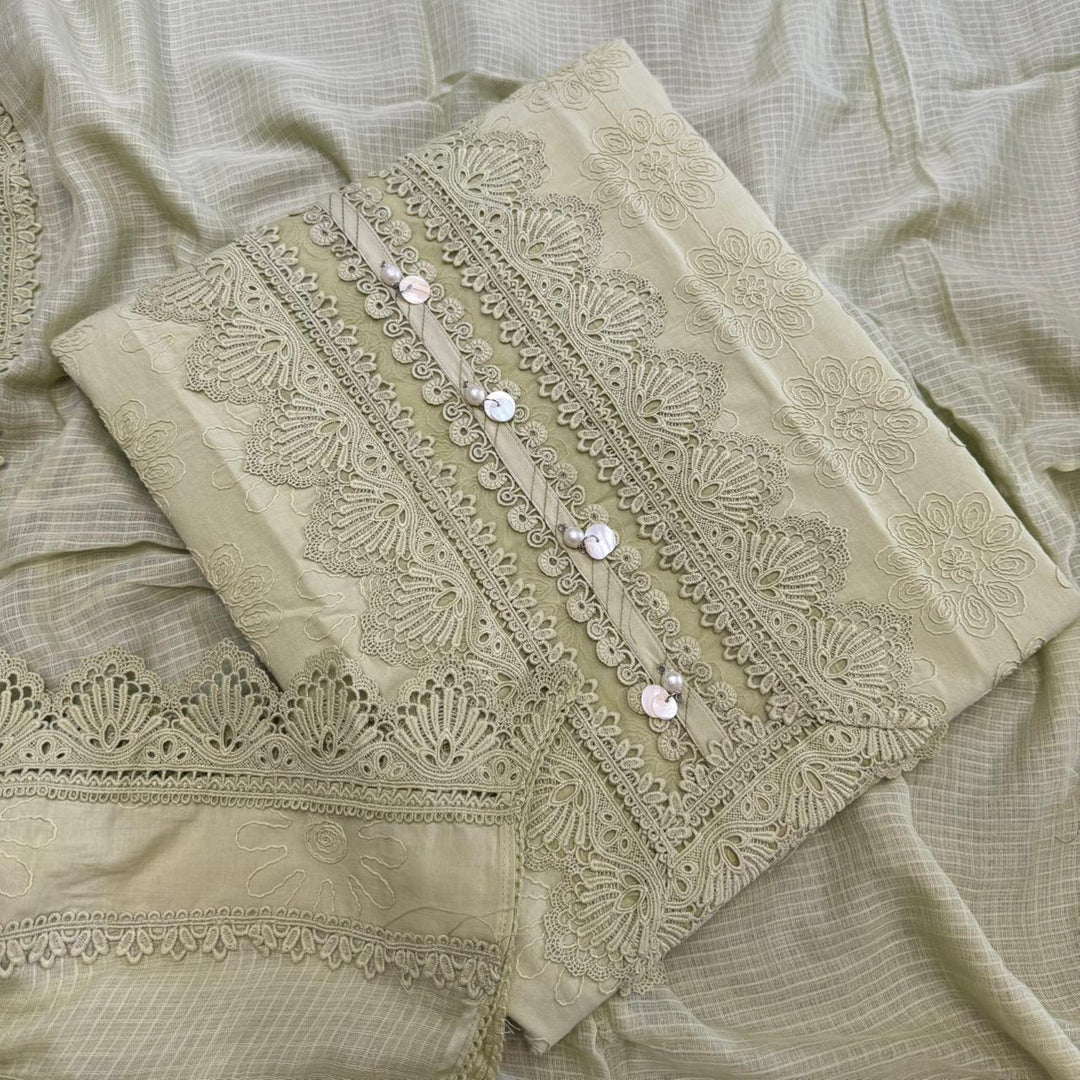 Pakistani Style Cotton Chikankari Lace Work Unstitched Suit Set - FM0561-01