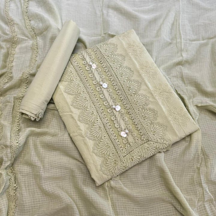 Pakistani Style Cotton Chikankari Lace Work Unstitched Suit Set - FM0561-01