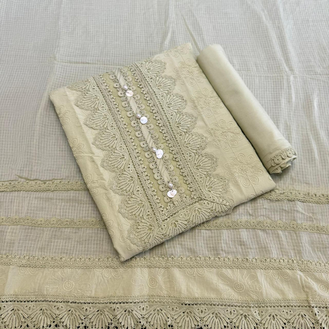Pakistani Style Cotton Chikankari Lace Work Unstitched Suit Set - FM0561-01
