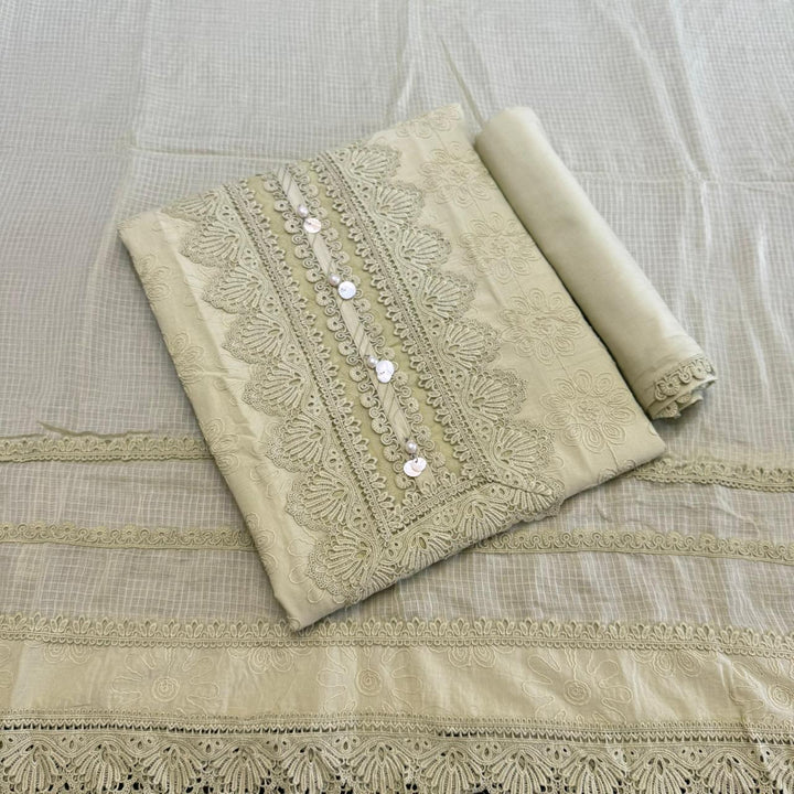 Pakistani Style Cotton Chikankari Lace Work Unstitched Suit Set - FM0561-01