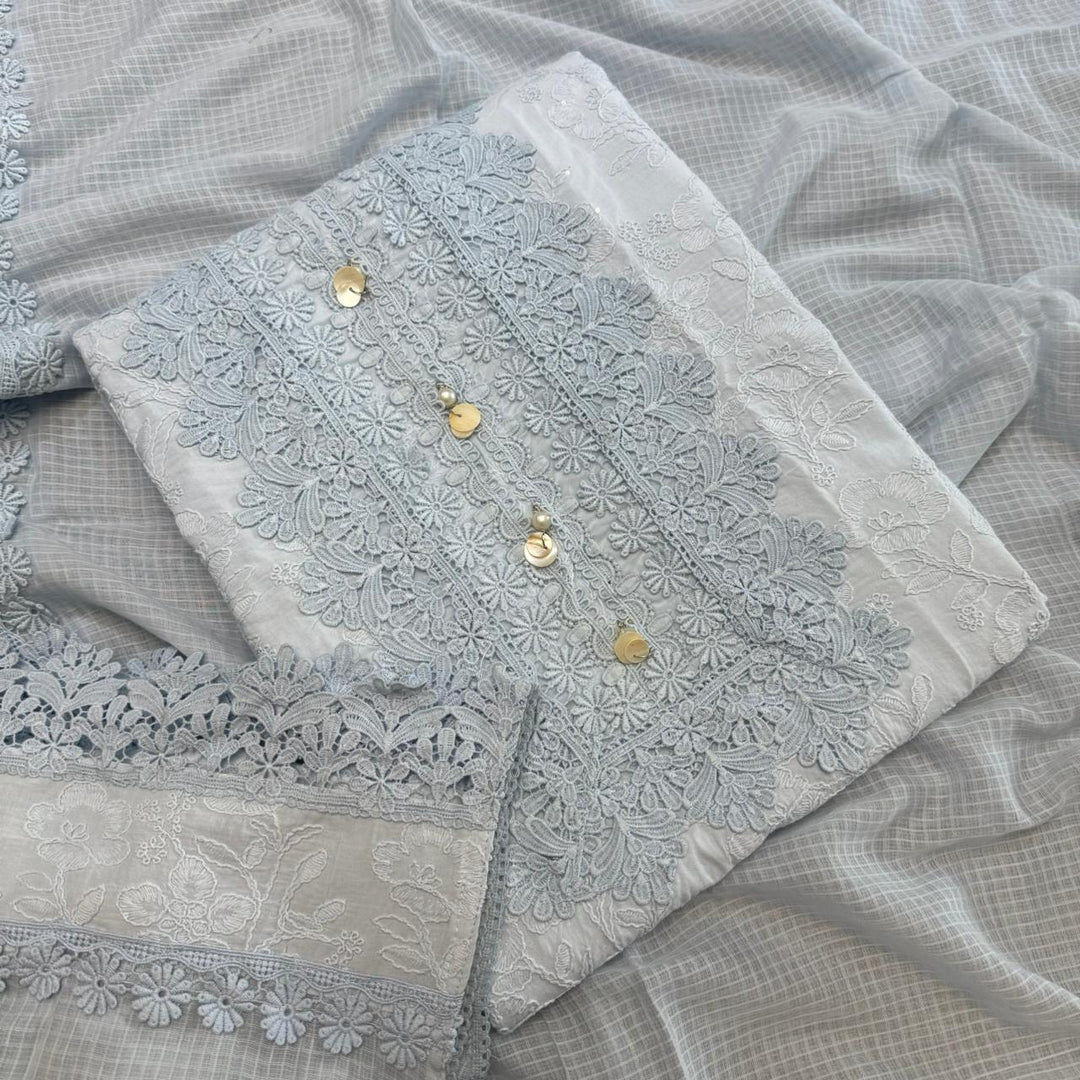 Pakistani Style Cotton Chikankari Lace Work Unstitched Suit Set - FM0561-02