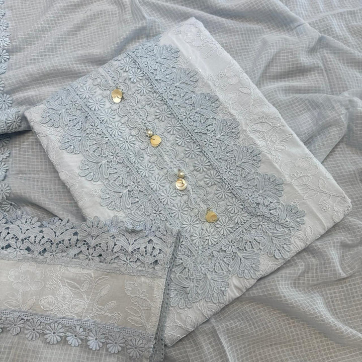 Pakistani Style Cotton Chikankari Lace Work Unstitched Suit Set - FM0561-02