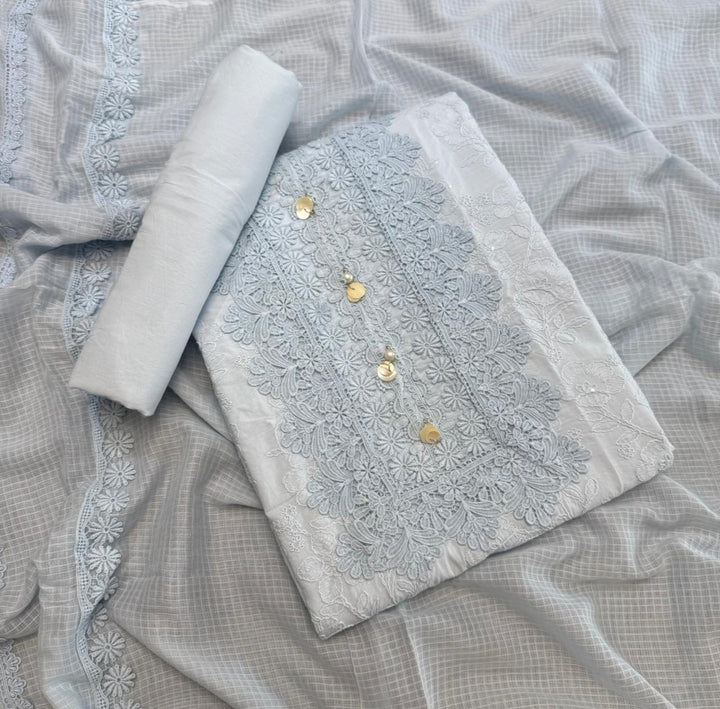 Pakistani Style Cotton Chikankari Lace Work Unstitched Suit Set - FM0561-02