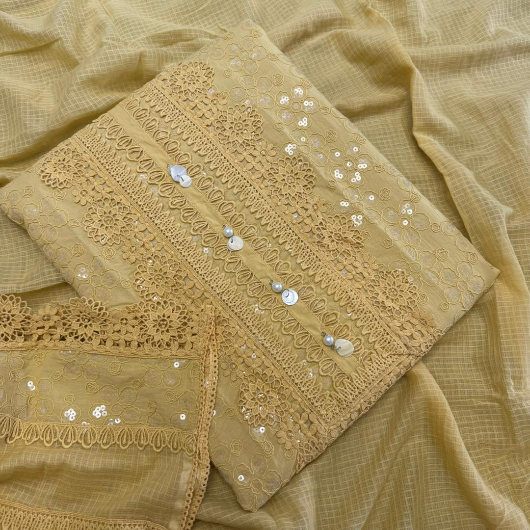 Pakistani Style Cotton Chikankari Lace Work Unstitched Suit Set - FM0561-03
