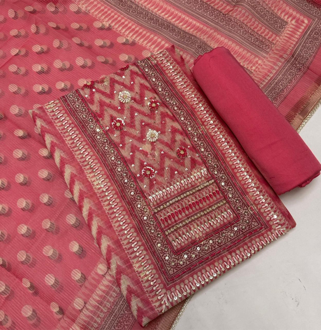 Cotton Kota Knots Work & Sequins Unstitched Suit Set – Elegant Summer Wear RC5322-3