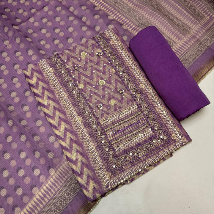 Cotton Kota Knots Work & Sequins Unstitched Suit Set – Elegant Summer Wear RC5322-2