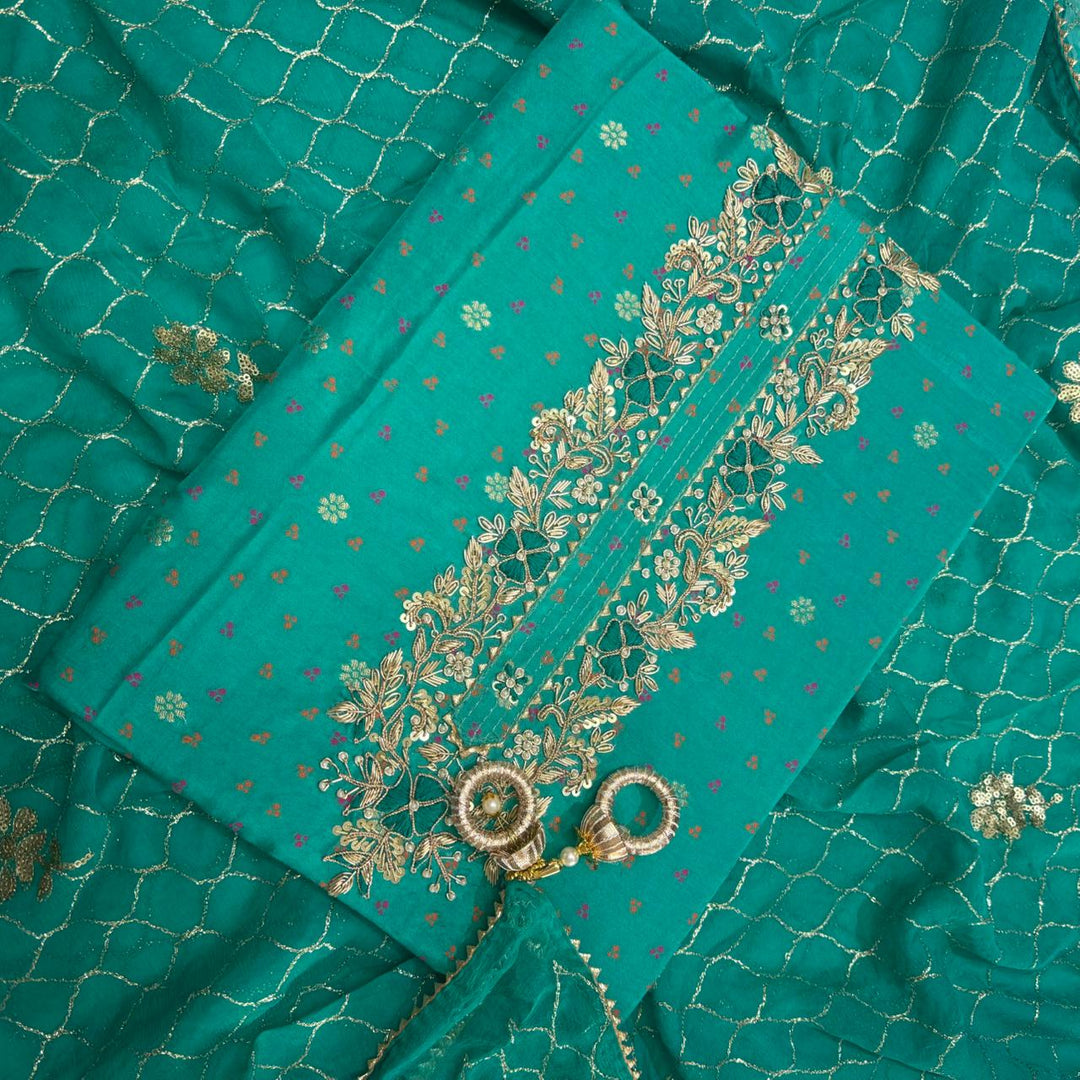 Raw Silk Heavy Dabke Work Unstitched Suit Set - RC2307-B