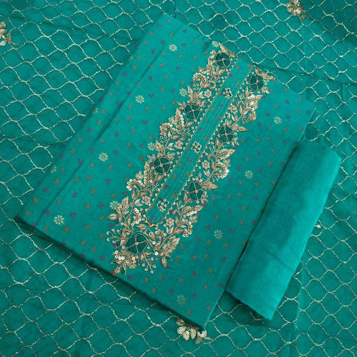 Raw Silk Heavy Dabke Work Unstitched Suit Set - RC2307-B