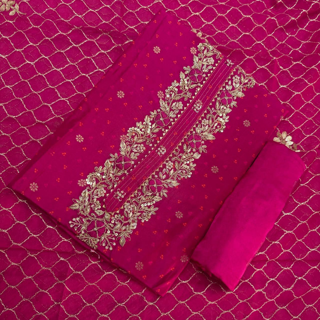 Raw Silk Heavy Dabke Work Unstitched Suit Set - RC2307-C