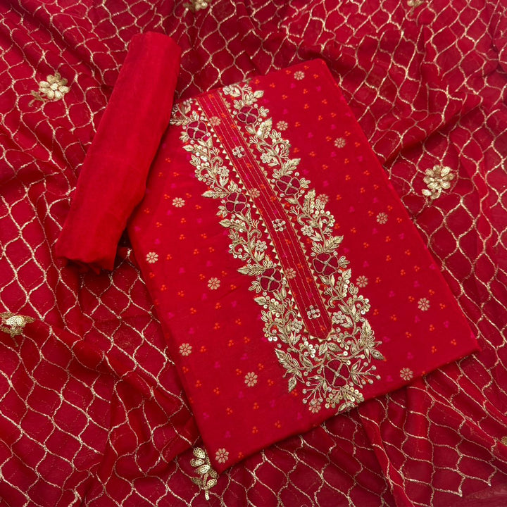 Raw Silk Heavy Dabke Work Unstitched Suit Set - RC2307-A