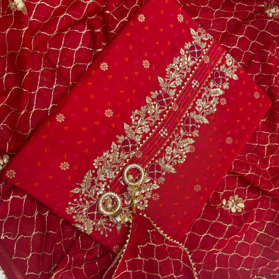 Raw Silk Heavy Dabke Work Unstitched Suit Set - RC2307-A