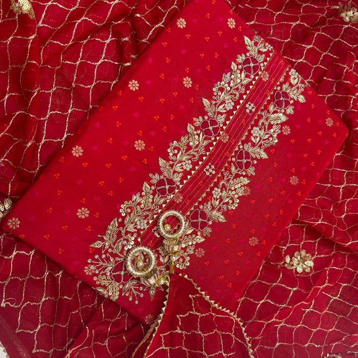 Raw Silk Heavy Dabke Work Unstitched Suit Set - RC2307-A