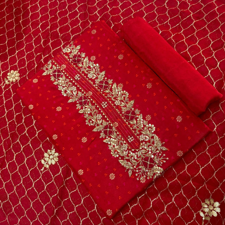 Raw Silk Heavy Dabke Work Unstitched Suit Set - RC2307-A