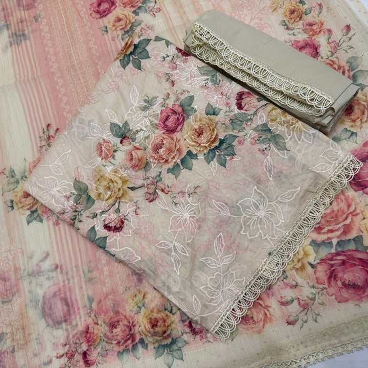 Elegant Printed Cotton Thread Embroidery Unstitched Suit Set PSC016-1