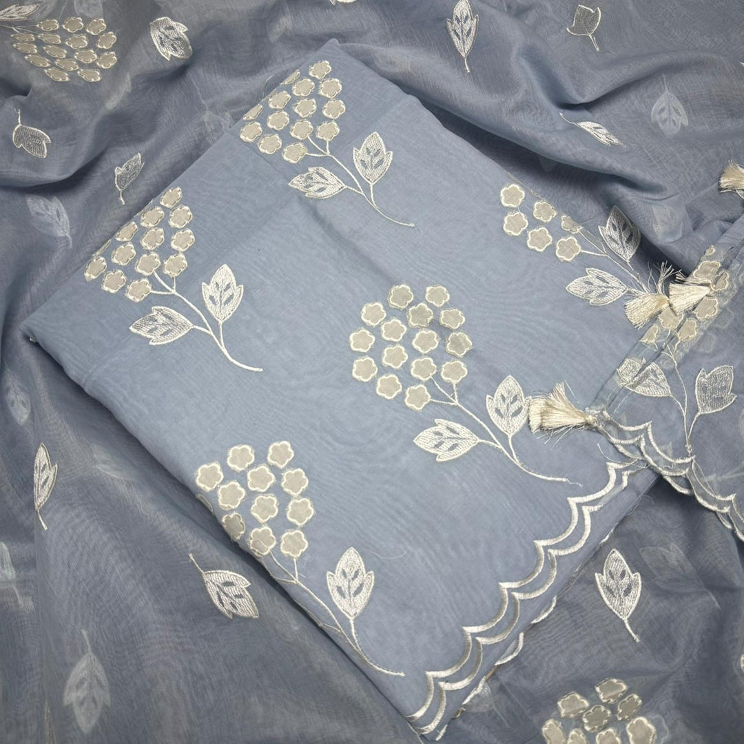 Premium Mal Chanderi Appliqué Cross Stitch Unstitched Suit Set LF2103-2