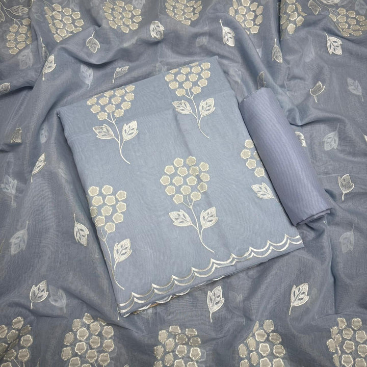 Premium Mal Chanderi Appliqué Cross Stitch Unstitched Suit Set LF2103-2
