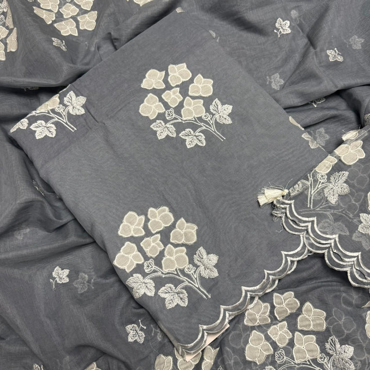 Premium Mal Chanderi Appliqué Cross Stitch Unstitched Suit Set LF2103-4