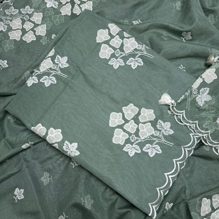 Premium Mal Chanderi Appliqué Cross Stitch Unstitched Suit Set LF2103-1