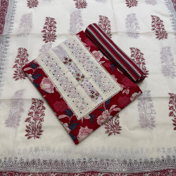 Printed Cotton Chikankari Mirror Work Unstitched Suit Set DL3594-1
