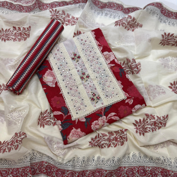 Printed Cotton Chikankari Mirror Work Unstitched Suit Set DL3594-1