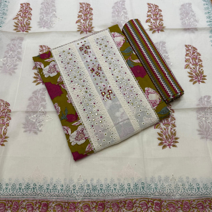 Printed Cotton Chikankari Mirror Work Unstitched Suit Set DL3594-3
