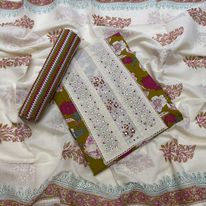 Printed Cotton Chikankari Mirror Work Unstitched Suit Set DL3594-3