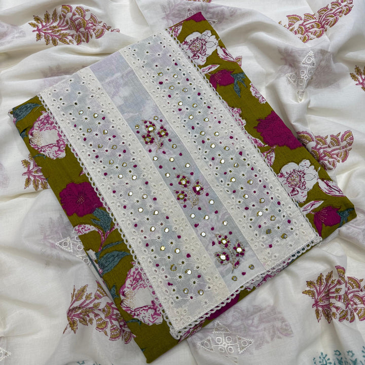 Printed Cotton Chikankari Mirror Work Unstitched Suit Set DL3594-3
