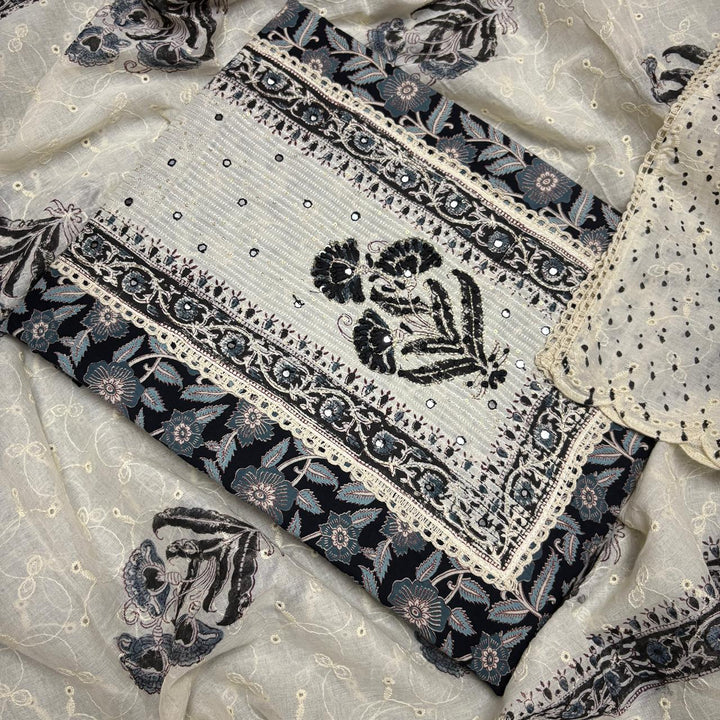 Elegant Cotton Printed Unstiched Suit Set with Knot Work Neck - DL3540-3