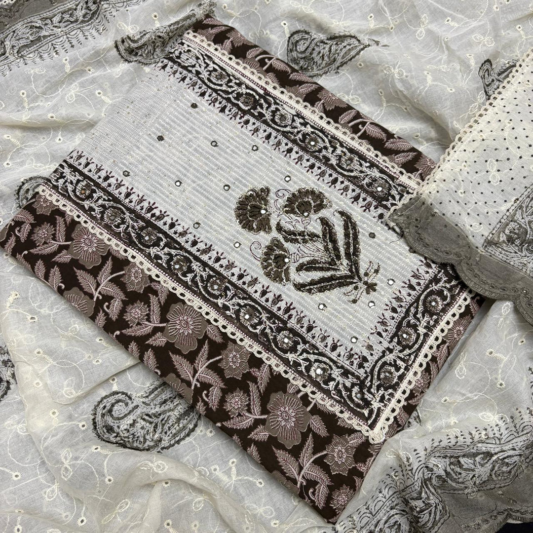 Elegant Cotton Printed Unstiched Suit Set with Knot Work Neck - DL3540-1