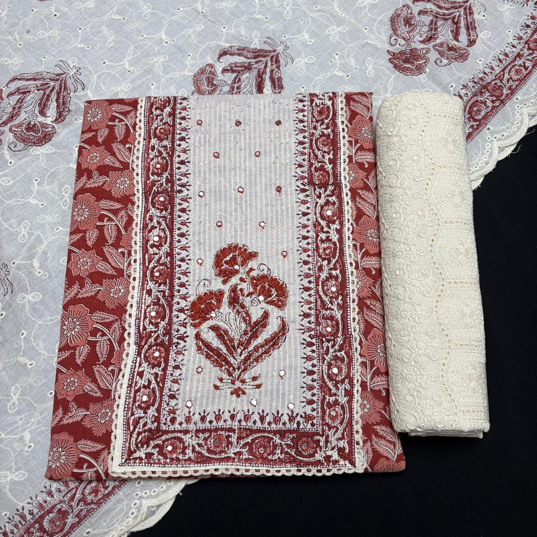 Elegant Cotton Printed Unstiched Suit Set with Knot Work Neck - DL3540-4