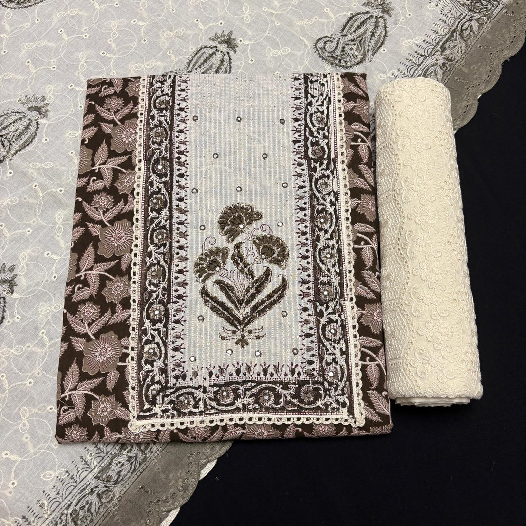 Elegant Cotton Printed Unstiched Suit Set with Knot Work Neck - DL3540-1