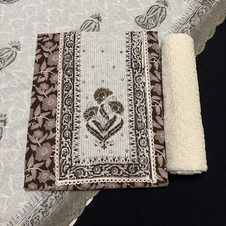 Elegant Cotton Printed Unstiched Suit Set with Knot Work Neck - DL3540-1
