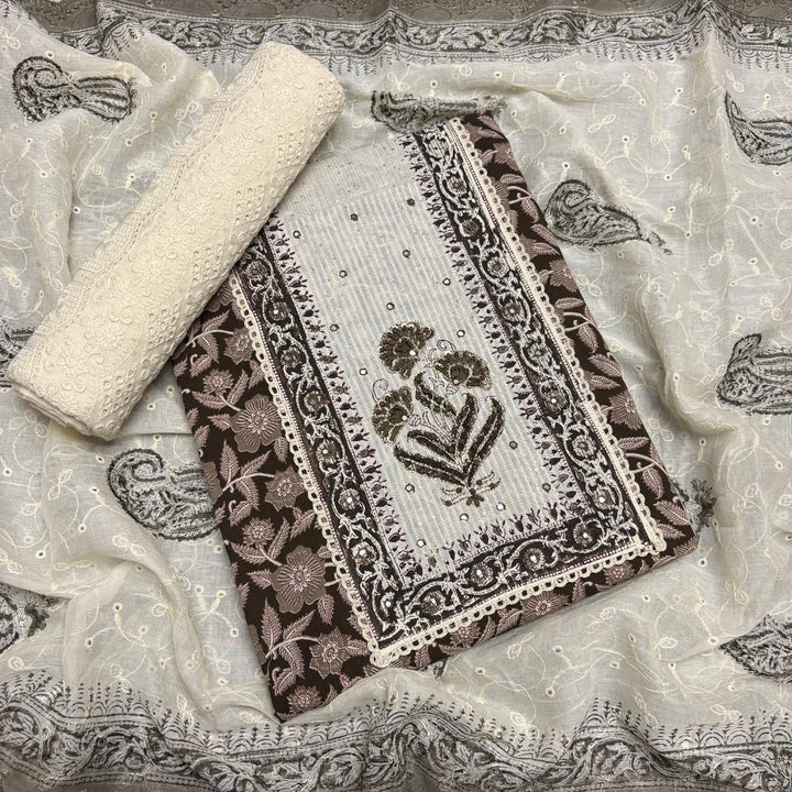 Elegant Cotton Printed Unstiched Suit Set with Knot Work Neck - DL3540-1