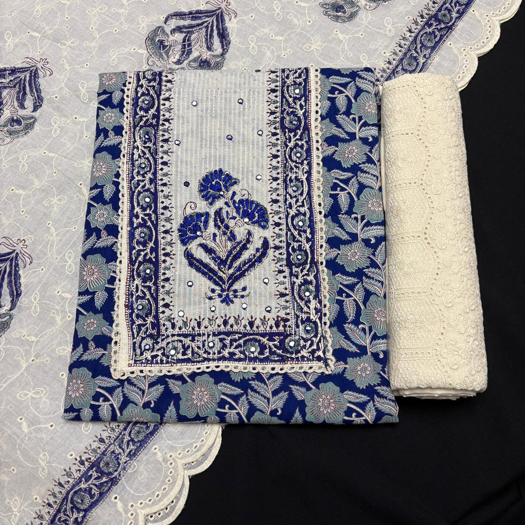 Elegant Cotton Printed Unstiched Suit Set with Knot Work Neck - DL3540-2