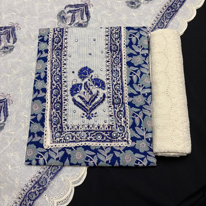 Elegant Cotton Printed Unstiched Suit Set with Knot Work Neck - DL3540-2