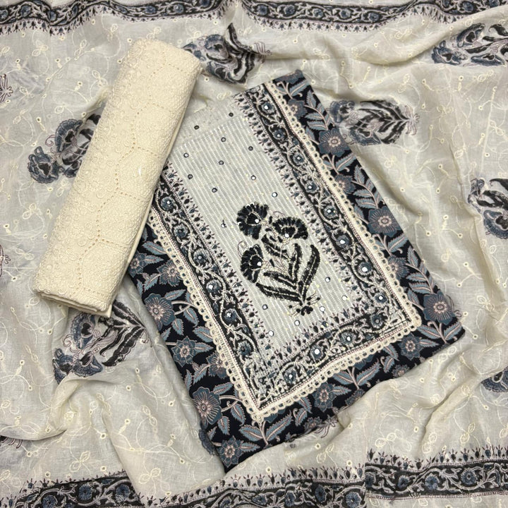 Elegant Cotton Printed Unstiched Suit Set with Knot Work Neck - DL3540-3