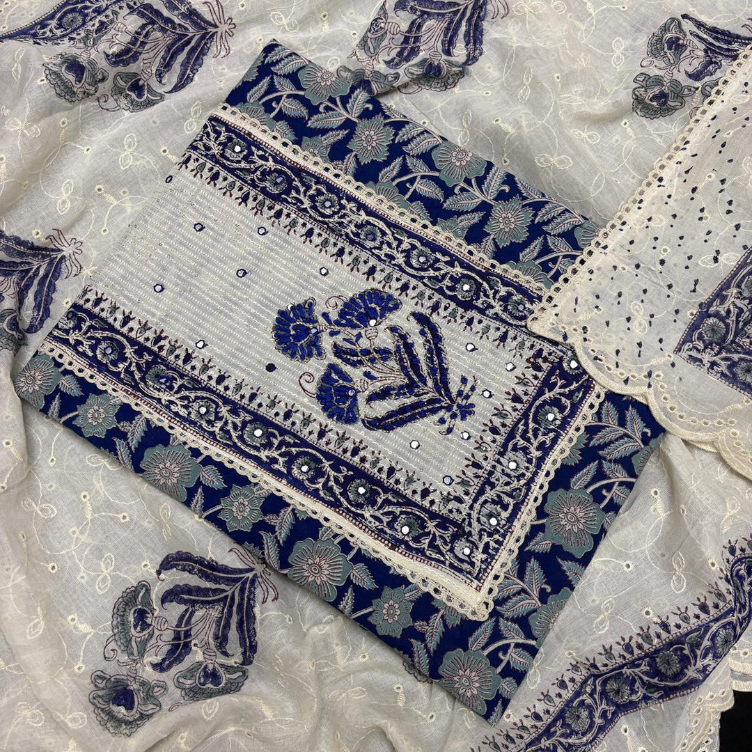 Elegant Cotton Printed Unstiched Suit Set with Knot Work Neck - DL3540-2