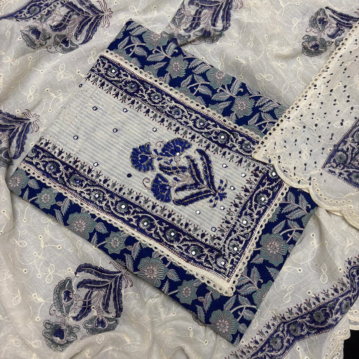 Elegant Cotton Printed Unstiched Suit Set with Knot Work Neck - DL3540-2