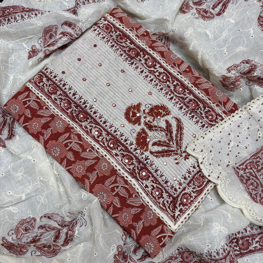 Elegant Cotton Printed Unstiched Suit Set with Knot Work Neck - DL3540-4