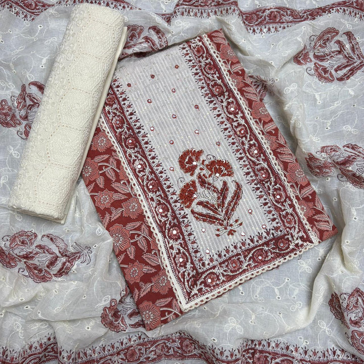 Elegant Cotton Printed Unstiched Suit Set with Knot Work Neck - DL3540-4