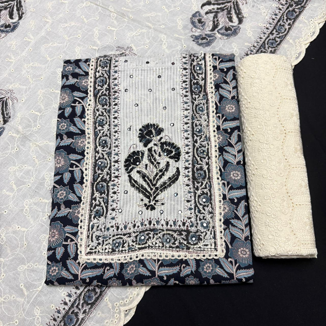 Elegant Cotton Printed Unstiched Suit Set with Knot Work Neck - DL3540-3