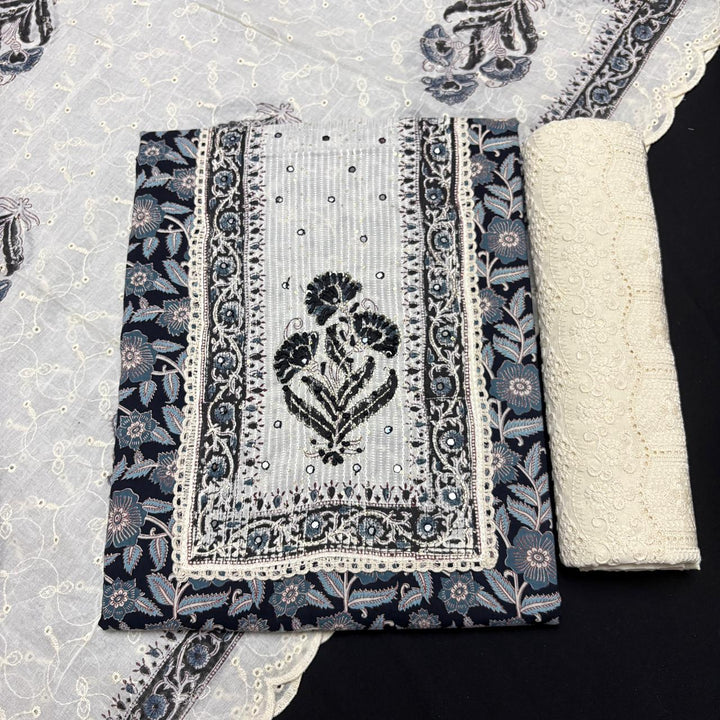 Elegant Cotton Printed Unstiched Suit Set with Knot Work Neck - DL3540-3