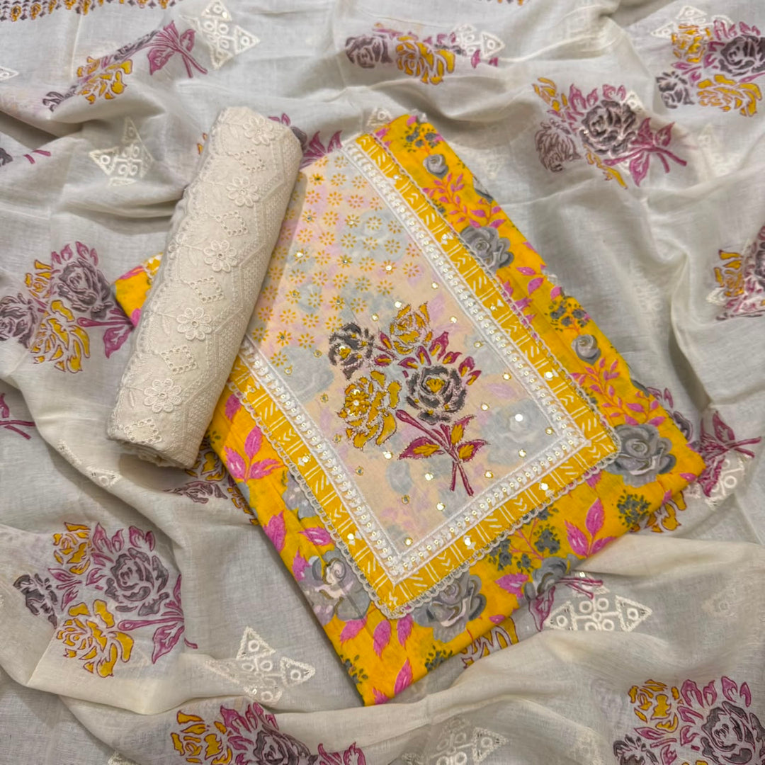Premium Pure Cotton Printed Hakoba Unstitched Suit Set - DL3766- 04