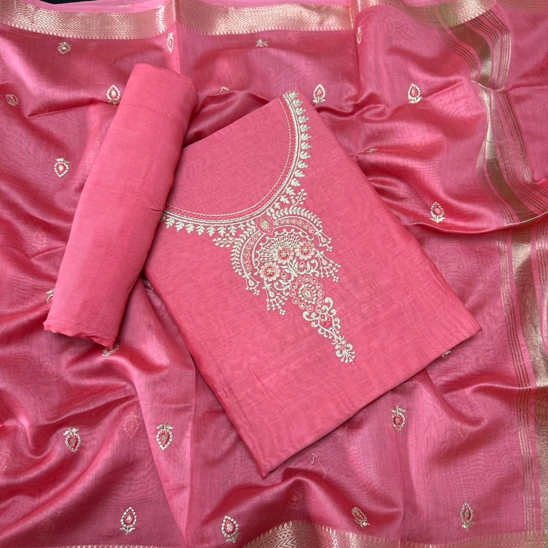 Pure Mal Chanderi Embroidery Unstitched Suit Set- ASJ019-01