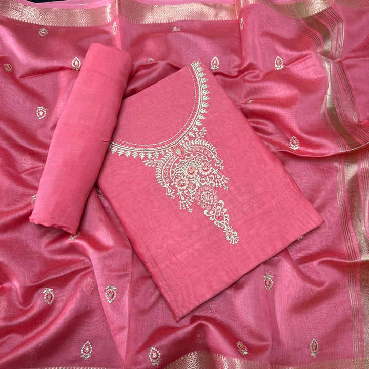 Pure Mal Chanderi Embroidery Unstitched Suit Set- ASJ019-01